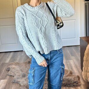 Aerie Oversized Cable Knit Fisherman Sweater Womens XS Gray Cottagecore Normcore